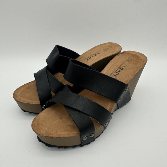 Agape Womens Black Strappy Wedge Sandals 6.5 With Stud Accents & Sturdy Sole - Picture 1 of 7